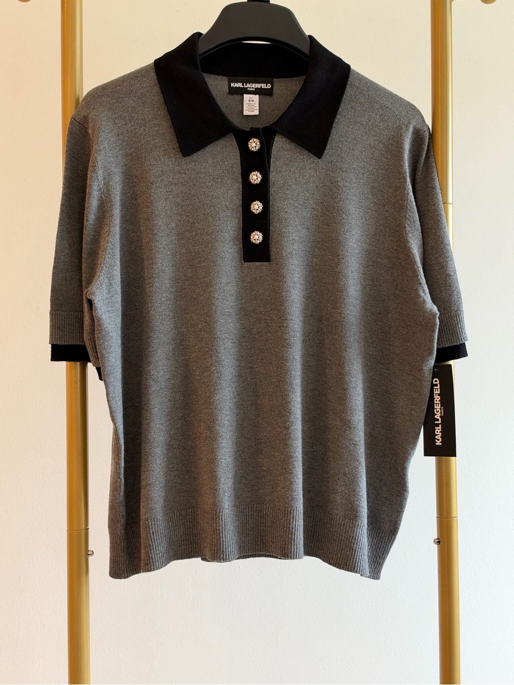 Karl Lagerfeld Women's Gray Polo with Black Collar and Jewel Buttons